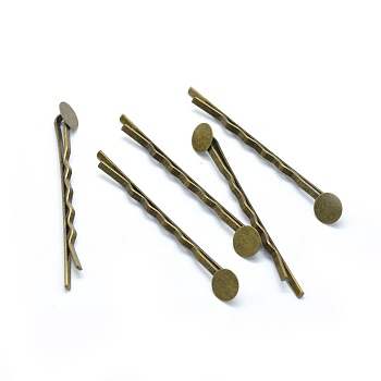 Iron Hair Bobby Pin Findings, with Flat Round Tray, Nickel Free, Antique Bronze, 58x2mm