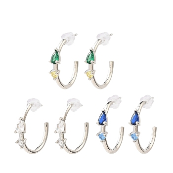 Platinum Brass Ring Stud Earrings, Half Hoop Earrings with Clear Cubic Zirconia, Long-Lasting Plated, Lead Free & Cadmium Free, Mixed Color, 20x4mm