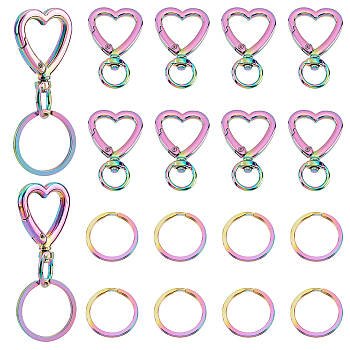 Elite 10Pcs Heart Alloy Swivel Clasps, with 10Pcs Ion Plating(IP) 304 Stainless Steel Split Key Rings, Rainbow Color, Clasps: 41.5x26.5x6mm, Hole: 11x10mm; Key Rings: 25x2mm
