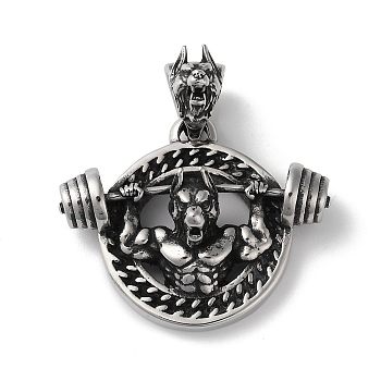 304 Stainless Steel Pendants, Bodybuilding Barbell Wolf Head Charm, Antique Silver, 64x59x19mm, Hole: 14x11mm