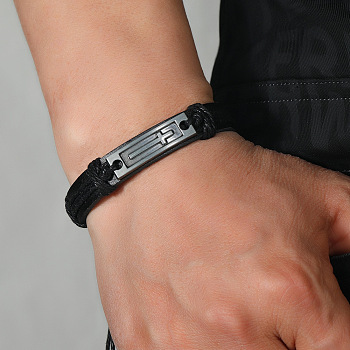 Alloy Rectangle with Cross Link Bracelet, Imitation Leather Cord Adjustable Bracelet for Women, Black, Inner Diameter: 2-1/4~3-3/4 inch(5.6~9.5cm) 