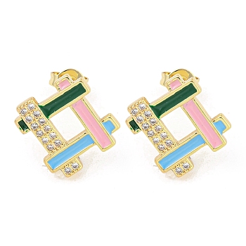 Hollow Rhombus Real 18K Gold Plated Brass Stud Earrings, with Enamel and Cubic Zirconia, Colorful, 16x15.5mm
