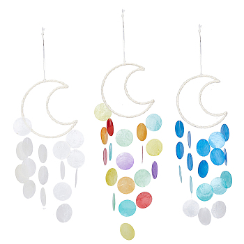 3Pcs 3 Colors Cotton Cord Wrapped Iron Moon Wind Chimes, Flat Round Natural Shell Hanging Pendant, for Home Room Bedroom Decoration, Mixed Color, 565~610mm, 1pc/color