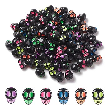 Opaque Black Acrylic Beads, Craft Style, Skull, Mixed Color, 9.5x7.5x8mm, Hole: 1.8mm