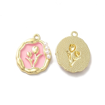 Alloy Enamel Pandants, with ABS Plastic Imitation Pearl, Lead Free & Cadmium Free, Light Gold, Oval with Flower, Pink, 23.5x19x4.5mm, Hole: 1.8mm