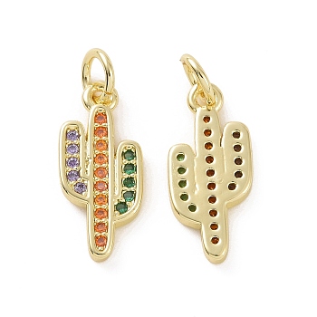 Brass Micro Pave Colorful Cubic Zirconia Pendants, with Jump Ring, Cactus Charms, Real 18K Gold Plated, 17x7.5x2mm, Hole: 3.2mm