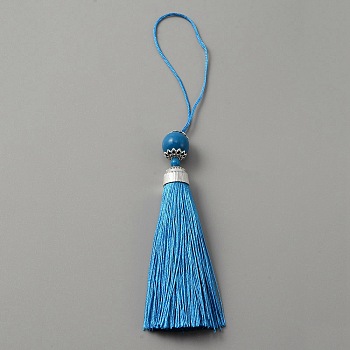 Polyester Tassel Big Pendants Decorations, with Acrylic Beaded and Platinum Alloy Findings, Deep Sky Blue, 188mm