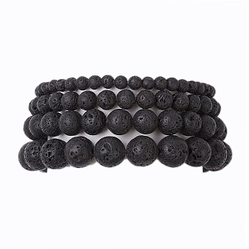 4Pcs Round Natural Lava Rock Beads Stretch Bracelets, Round, Inner Diameter: 2-1/8 inch(5.4cm), 4pcs/set