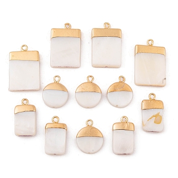 Electroplate Natural Freshwater Shell Pendants, with Golden Plated Brass Findings, Flat Round & Rectangle & Rhombus, Seashell Color, 12pcs/box