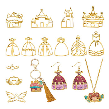 Pandahall 26Pcs 13 Styles Castle & Star Wing & Dress & Heart Alloy Open Back Bezel Pendants, for DIY UV Resin, Epoxy Resin, Pressed Flower Jewelry, Golden, 18.5~53x24~51x2~4mm, Hole: 2~3mm, 2Pcs/style