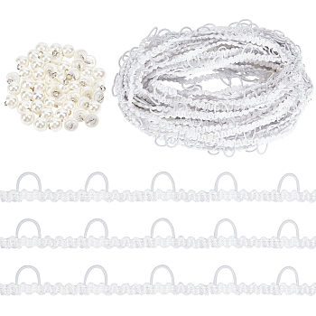 50Pcs Plastic Imitation Pearl Shank Buttons, with 15 Yards Chinlon Elastic Picot Loop Edge Ribbon, for DIY Headbands Accessories, Bridal Wedding Dress, White, Eye Ribbon: 12x1mm, Buttons: 10x10mm, Hole: 2.5mm