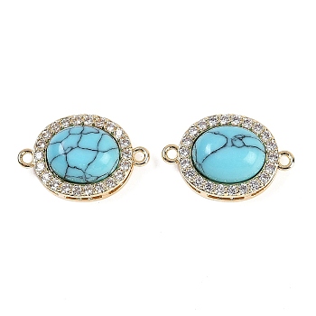 Synthetic Turquoise Oval Connector Charms, Brass Micro Pave Clear Cubic Zirconia Oval Links, Real 18K Gold Plated, 18x12x7.5mm, Hole: 1.2mm