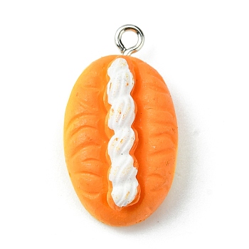 Opaque Resin Imitation Food Pendants, Bread Charms, with Platinum Tone Iron Loops, Orange, 27x15x9mm, Hole: 1.6mm