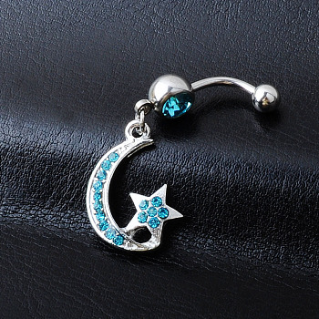 Rhinestone Moon & Star Dangle Belly Ring, Alloy Navel Ring with 316L Surgical Stainless Steel Bar for Women Piercing Jewelry, Sapphire, 47mm