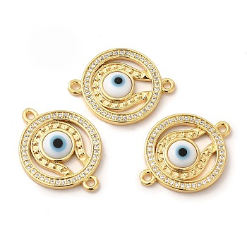 Rack Plating Real 18K Gold Plated Brass Micro Pave Clear Cubic Zirconia Connector Charms, Flat Round Links with Evil Eye, with Handmade Lampwork, Cadmium Free & Lead Free, Long-Lasting, White, 24x18.5x3.5mm, Hole: 1.5mm