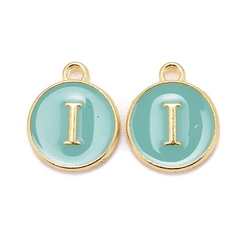 Golden Plated Alloy Enamel Charms, Cadmium Free & Lead Free, Enamelled Sequins, Flat Round with Letter, Turquoise, Letter.I, 14x12x2mm, Hole: 1.5mm
