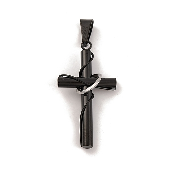 304 Stainless Steel Pendants, Cross Charm, Religion, Black, 38.5x20.5x4~10.7mm, Hole: 4.7x9mm