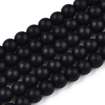 Opaque Glass Beads Strands, Frosted, Round, Black, 4~4.5mm, Hole: 0.8mm, about 97~98pcs/strand, 14.76 inch~14.96 inch(37.5~38cm)