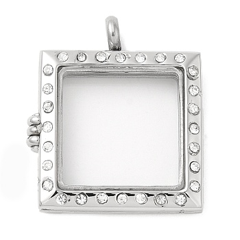 Glass Interface, 304 Stainless Steel Locket Pendants, with 201 Stainless Steel Pendant Bails and Rhinestone, Square, Platinum, 31x27x6mm, Hole: 4mm