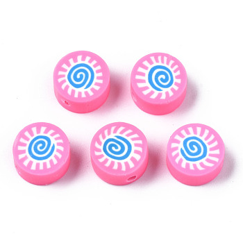 Handmade Polymer Clay Beads, for DIY Jewelry Crafts Supplies, Flat Round with Sun, Pearl Pink, 9.5x4.5~5mm, Hole: 1.6mm