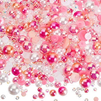 Opaque & Transparent Resin Cabochons, Imitation Shell & Pearl, Half Round, Pink, 3~10x1~4mm, 30g/bag