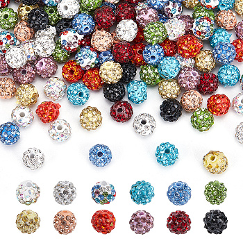 120Pcs 12 Colors Rhinestone Pave Disco Ball Beads, Polymer Clay Rhinestone Beads, Round, Mixed Color, 7.5~8mm, Hole: 1.8mm, 10pcs/color