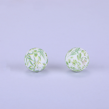 Printed Round with Leaf Pattern Silicone Focal Beads, White, 15x15mm, Hole: 2mm
