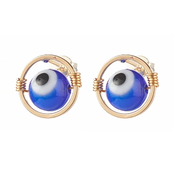 Evil Eye Lampwork Round Beads Stud Earrings, Wire Wrap Brass Earring, Golden, Medium Blue, 13x12mm, Pin: 0.7mm