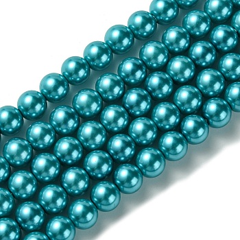 Eco-Friendly Dyed  Glass Pearl Round Bead Strands, Cotton Cord Threaded, Deep Sky Blue, 8mm, Hole: 0.7~1.1mm, about 52pcs/strand, 15 inch