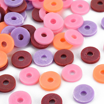 4 Colors Handmade Polymer Clay Beads, Heishi Beads, Disc/Flat Round, Pearl Pink & Dark Orange & Brown & Lilac, 8x0.5~1.5mm, Hole: 2mm, about 11500pcs/1000g