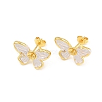 Brass Micro Pave Cubic Zirconia Stud Earring Findings, with Enamel, Butterfly, for Half Drilled Beads, Long-Lasting Plated, Lead Free & Cadmium Free, Golden, 13x18.5mm, Pin: 0.8mm and 1mm, Tray: 5mm(CU-CBAA5EE-03G-A)
