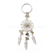 Natural Labradorite Keychain, with Iron, 304 Stainless Steel & Alloy Findings, Woven Net/Web with Feather, 11.4~11.8cm(KEYC-JKC00346-04)