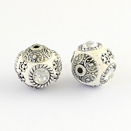 Handmade Indonesia Round Beads, with Glass Cabochons and Antique Silver Metal Color Double Alloy Cores, White, 14~15x15~16mm, Hole: 2mm(IPDL-R400-10)