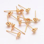 Iron Post Ear Studs, with Loop, Half Ball, Gold Plated, 13mm long, hole: 1mm, half ball: 4.3mm in diameter(E219-G)
