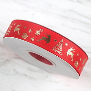 25 Yards Flat Christmas Reindeer Printed Polyester Grosgrain Ribbons, Hot Stamping Ribbons, Red, 1 inch(25mm), about 25.00 Yards(22.86m)/Roll(XMAS-PW0001-182I)