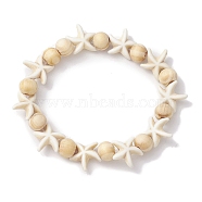 Beach Starfish Dye Synthetic Turquoise Beaded Stretch Barcelets, Summer Wood Beaded Stretch Bracelets for Women, Floral White, Inner Diameter: 1-7/8~2 inch(4.7~5.1cm), Bead: 7x8~8.5mm, Starfish: 14x14mm(BJEW-JB10289-01)