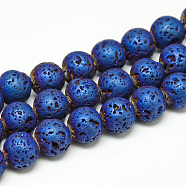 Electroplate Natural Lava Rock Beads Strands, Matte Style, Round, Blue Plated, 6~7mm, Hole: 1mm, about 60pcs/strand, 14.7~15.1 inch(G-T058-03B-6MM)