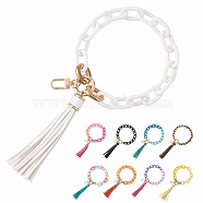 Chain Link Wristlet Keychain, Acrylic Bracelet Tassel Keychain, with Alloy Findings, White, 29cm(HJEW-SW00013-06)