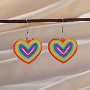 Pride Rainbow Flag Resin Heart Dangle Earrings, Colorful, 54x33mm(PW-WG96446-01)