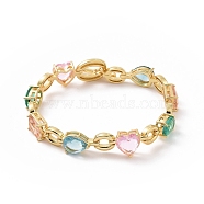 Colorful Cubic Zirconia Heart & Rectangle & Teardrop Link Chain Bracelet, Brass Jewelry for Women, Golden, 7-3/4 inch(19.8cm)(BJEW-B068-02)