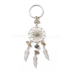 Natural Labradorite Keychain, with Iron, 304 Stainless Steel & Alloy Findings, Woven Net/Web with Feather, 11.4~11.8cm(KEYC-JKC00346-04)