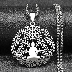 304 Stainless Steel Buddha Yoga Tree of Life Pendant Necklaces, Stainless Steel Color, 23.46 inch(59.6cm)(NJEW-S440-11P)