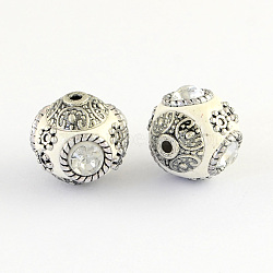 Handmade Indonesia Round Beads, with Glass Cabochons and Antique Silver Metal Color Double Alloy Cores, White, 14~15x15~16mm, Hole: 2mm(IPDL-R400-10)
