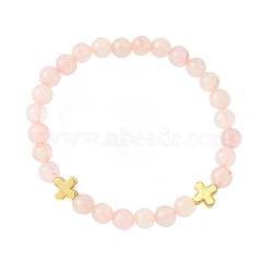 6mm Round Dyed Natural Rose Quartz Beaded Stretch Bracelets, Cross Brass Bracelets for Women, Golden, Inner Diameter: 2 inch(5.2cm)(BJEW-JB10585)