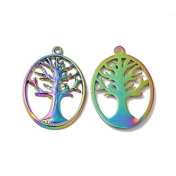 Ion Plating(IP) 304 Stainless Steel Pendants, Oval with Tree of Life Charm, Rainbow Color, 25x18x1mm, Hole: 1.2mm(STAS-H212-43MC)