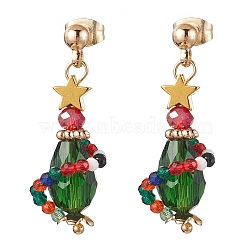 Brass with 304 Stainless Steel Earring, Christmas Glass Beads, Colorful, 32.5x11mm(EJEW-TA00465)