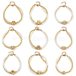 Brass Multi-strand Bracelets, Rhinestone Charms Bracelets for Women, Ion Plating(IP), Real 18K Gold Plated, with Plastic Pearl & 304 Stainless Steel Lobster Clasp, Mixed Shapes, 7 inch(17.8cm)+34mm extender(BJEW-M056-03G)