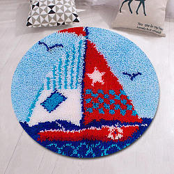 Flat Round Latch Hook Rug Kit, DIY Rug Crochet Yarn Kits, Including Color Printing Screen Section Embroidery Pad, Needle, Acrylic Wool Bundle, Sailboat Pattern, 450x1.5mm(DIY-I087-02)