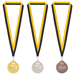 3Pcs 3 Colors Alloy Award Swimming Medal, with Stripe Pattern Lanyard, Flat Round, Mixed Color, 500mm, 1pc/color(AJEW-FG0003-36)