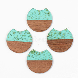 Transparent Resin & Walnut Wood Pendants, with Gold Foil, Gap Flat Round, Pale Turquoise, 34x36.5x3mm, Hole: 2mm(RESI-S389-001A-B03)